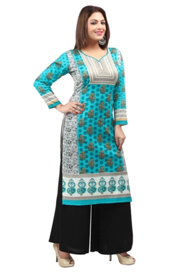 Dark blue cotton printed long kurtis with long sleeve