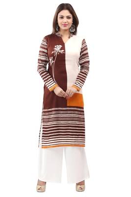 Brown cotton printed long kurtis with long sleeve 1