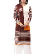 Brown cotton printed long kurtis with long sleeve