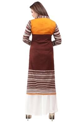 Brown cotton printed long kurtis with long sleeve 2