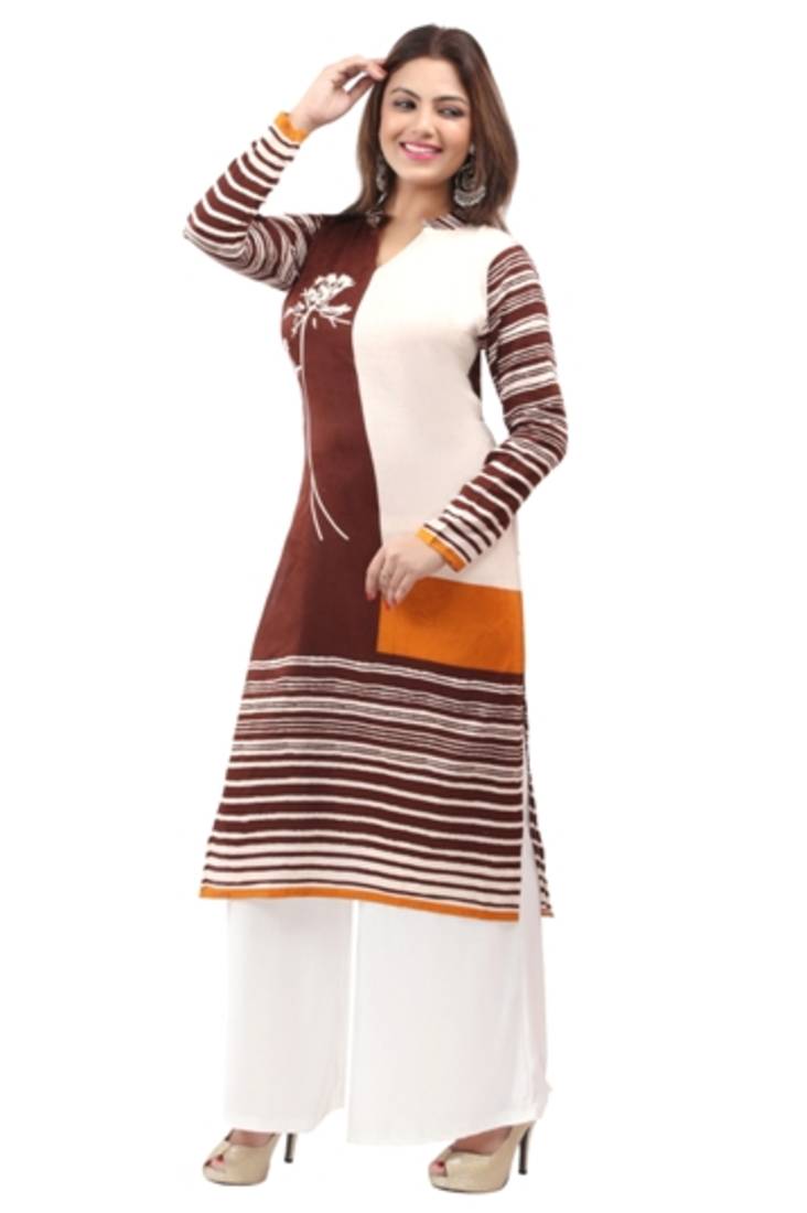 Brown cotton printed long kurtis with long sleeve