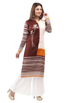Brown cotton printed long kurtis with long sleeve 4