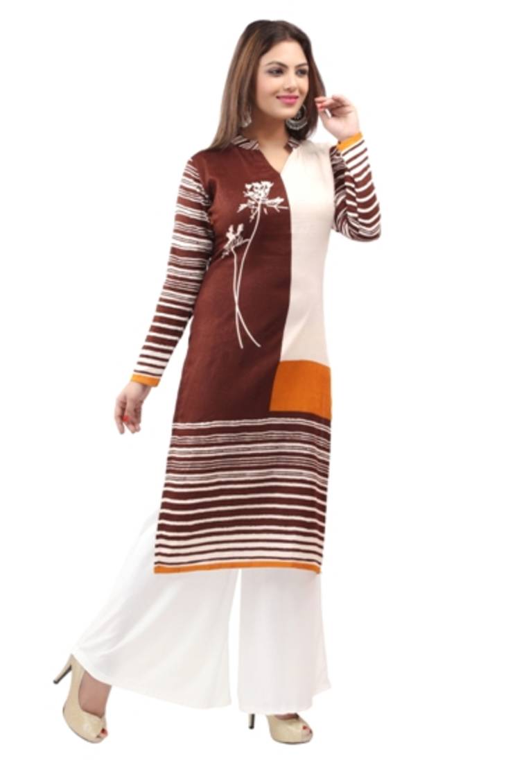 Brown cotton printed long kurtis with long sleeve