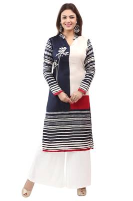 Dark blue cotton printed long kurtis with long sleeve 1