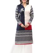 Dark blue cotton printed long kurtis with long sleeve
