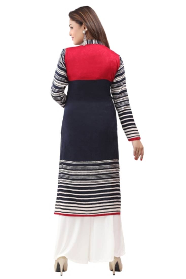Dark blue cotton printed long kurtis with long sleeve