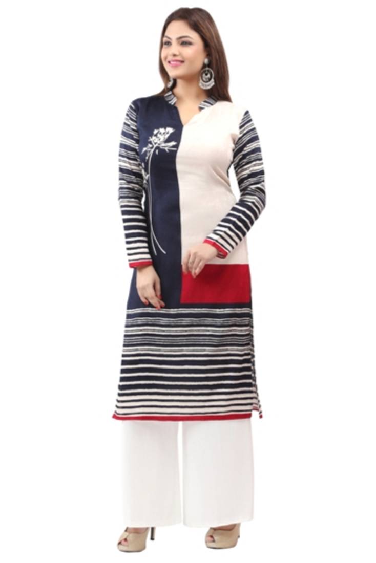 Dark blue cotton printed long kurtis with long sleeve