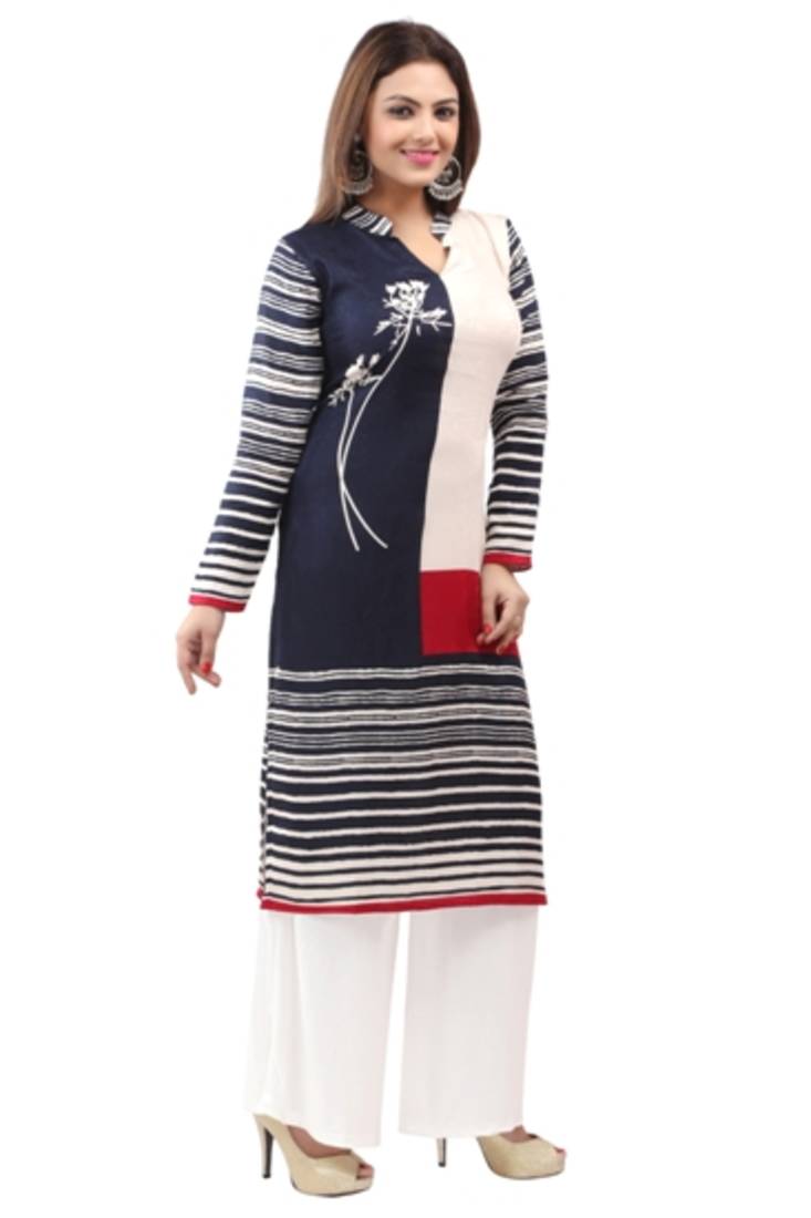 Dark blue cotton printed long kurtis with long sleeve