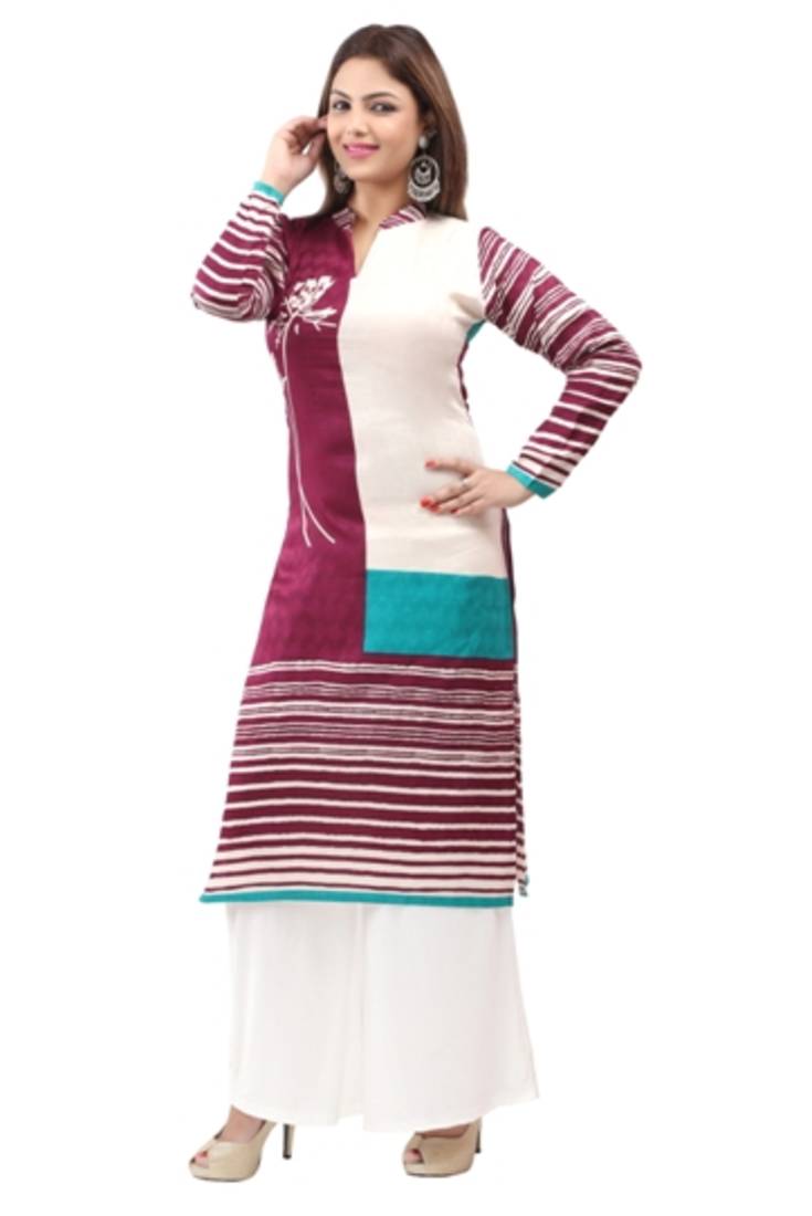 Majenta  cotton printed long kurtis with long sleeve