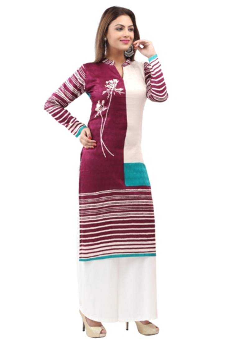 Majenta  cotton printed long kurtis with long sleeve