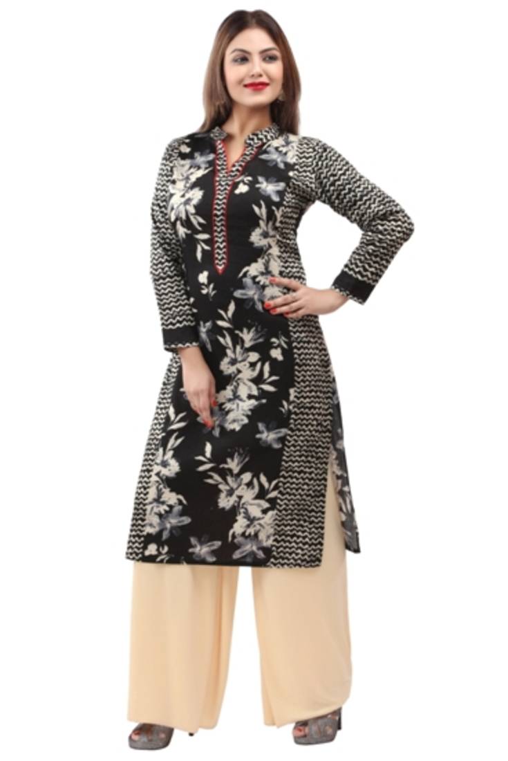 Black cotton printed long kurtis with long sleeve