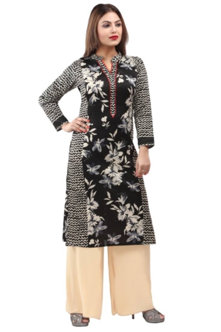 Black cotton printed long kurtis with long sleeve