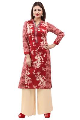 Maroon cotton printed long kurtis with long sleeve 1