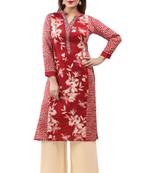 Maroon cotton printed long kurtis with long sleeve