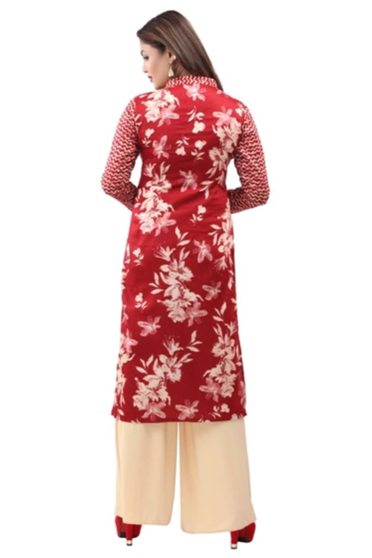 Maroon cotton printed long kurtis with long sleeve