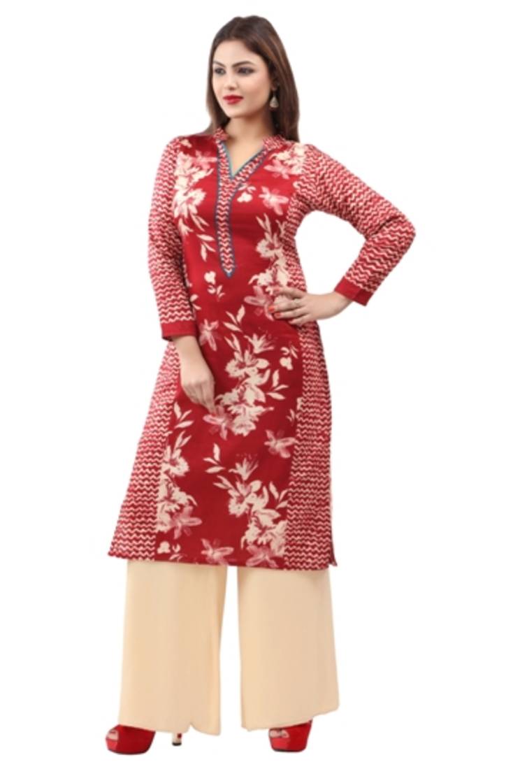 Maroon cotton printed long kurtis with long sleeve