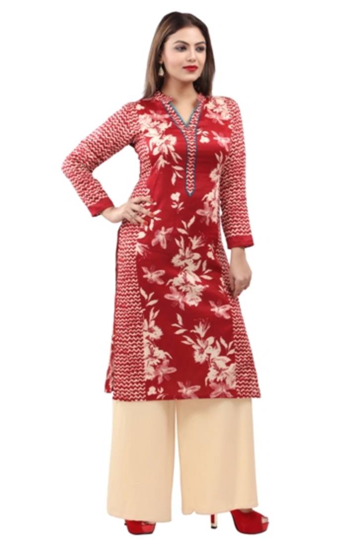 Maroon cotton printed long kurtis with long sleeve