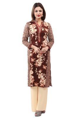 Brown  cotton printed long kurtis with long sleeve 1