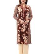 Brown  cotton printed long kurtis with long sleeve