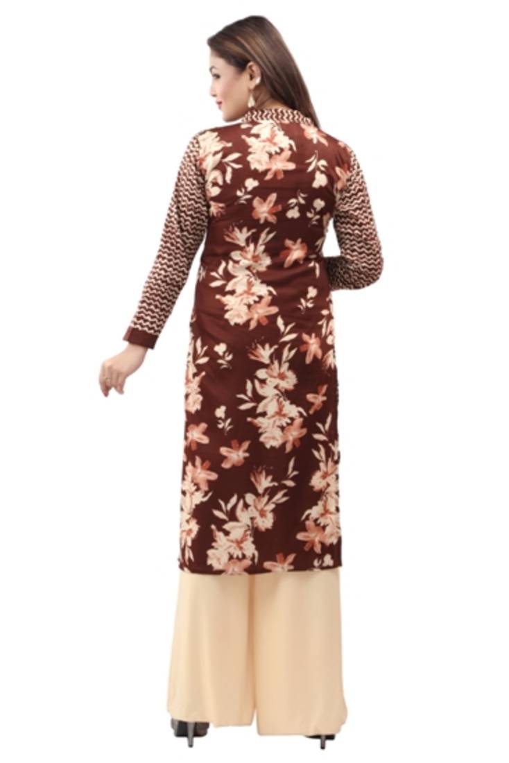 Brown  cotton printed long kurtis with long sleeve