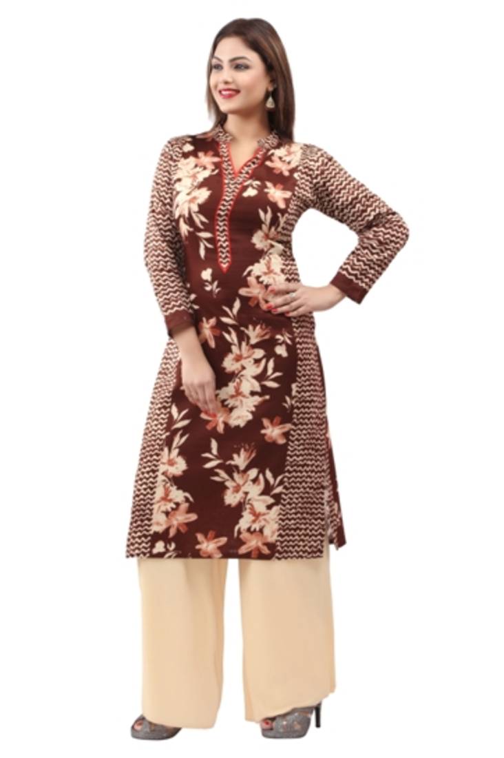 Brown  cotton printed long kurtis with long sleeve