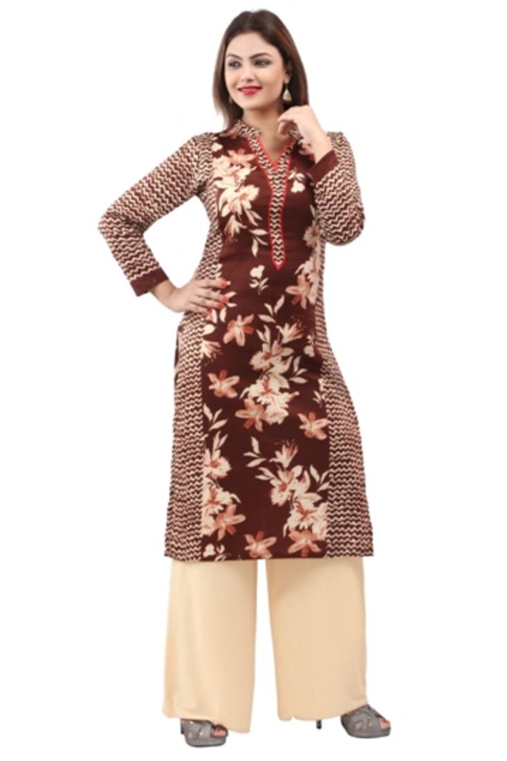 Brown  cotton printed long kurtis with long sleeve