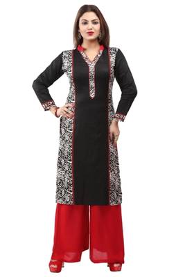 Black and white cotton printed long kurtis with long sleeve 1