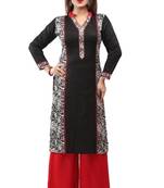 Black and white cotton printed long kurtis with long sleeve