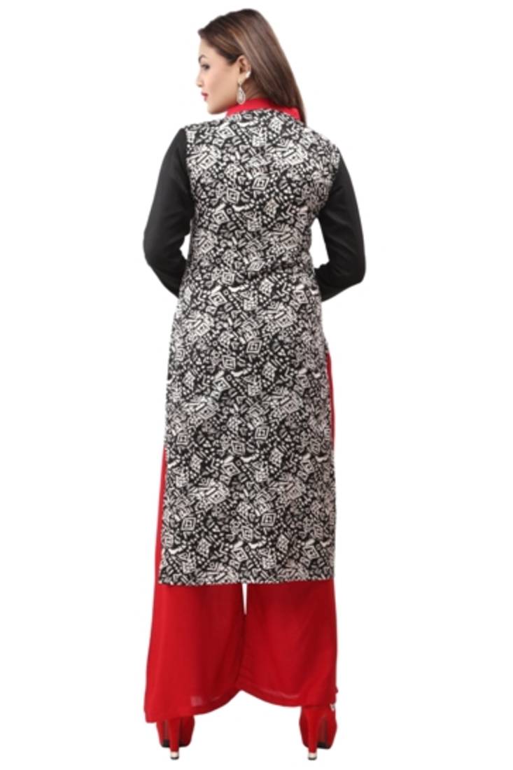 Black and white cotton printed long kurtis with long sleeve
