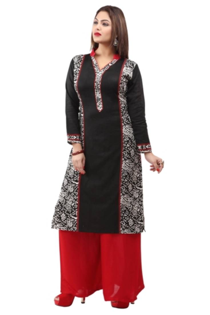 Black and white cotton printed long kurtis with long sleeve