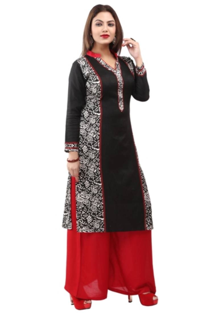 Black and white cotton printed long kurtis with long sleeve