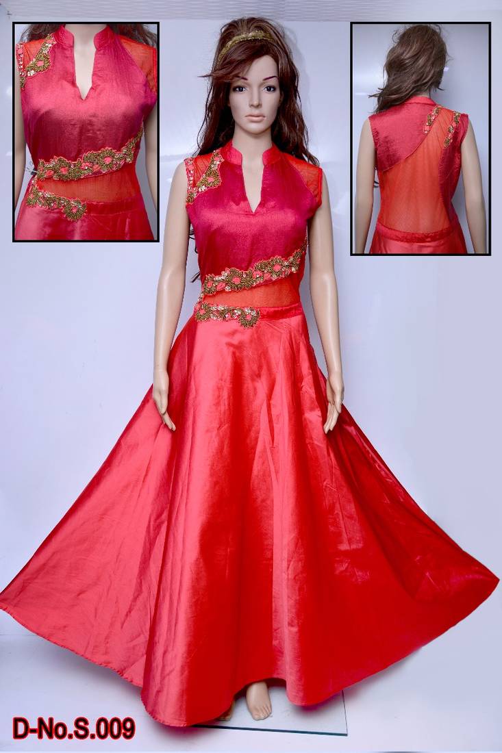 pink embroidered art silk party wear gown
