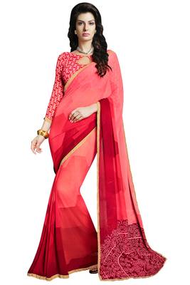 pink printed georgette saree with blouse 1