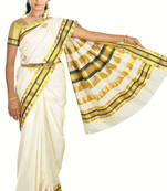 Fashionkiosks cotton cream weaved kerala kasavu saree with lace work and gold blouse