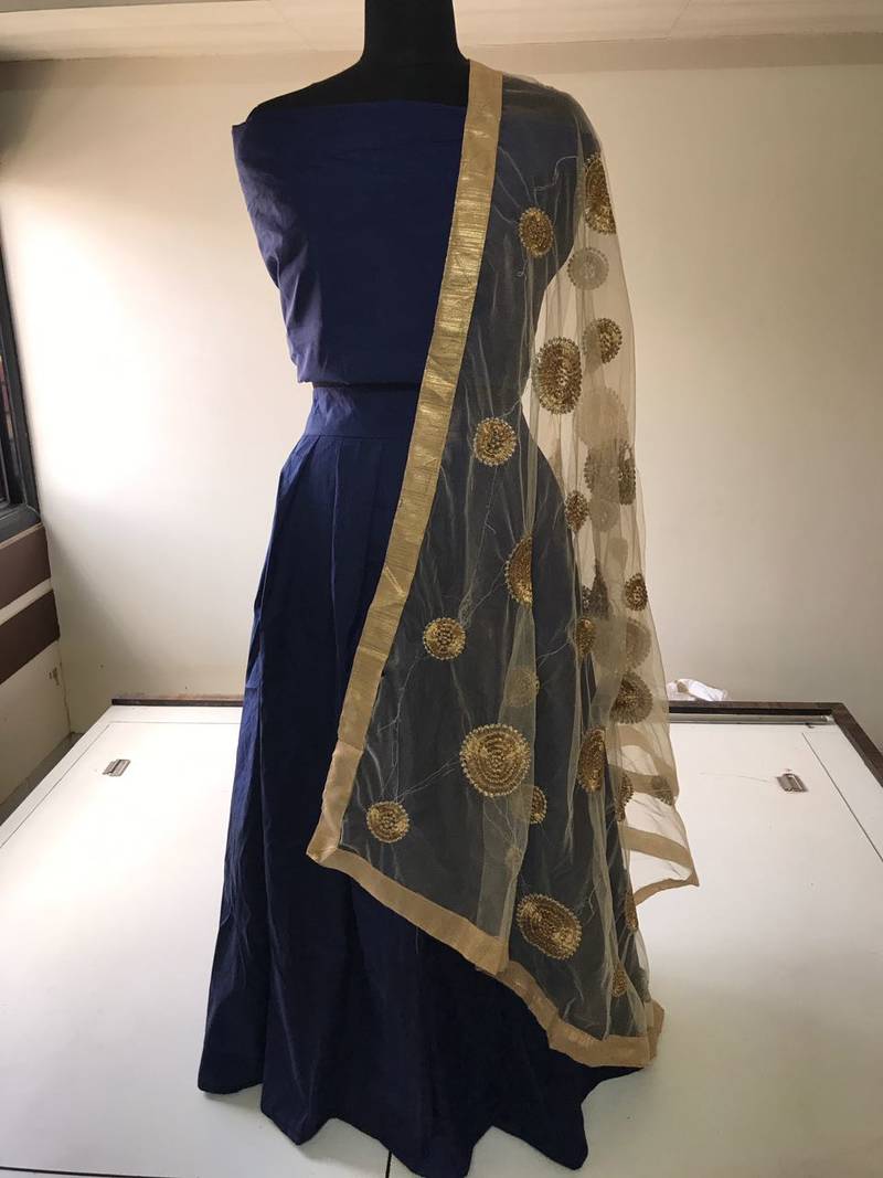 Blue plain silk unstitched lehenga