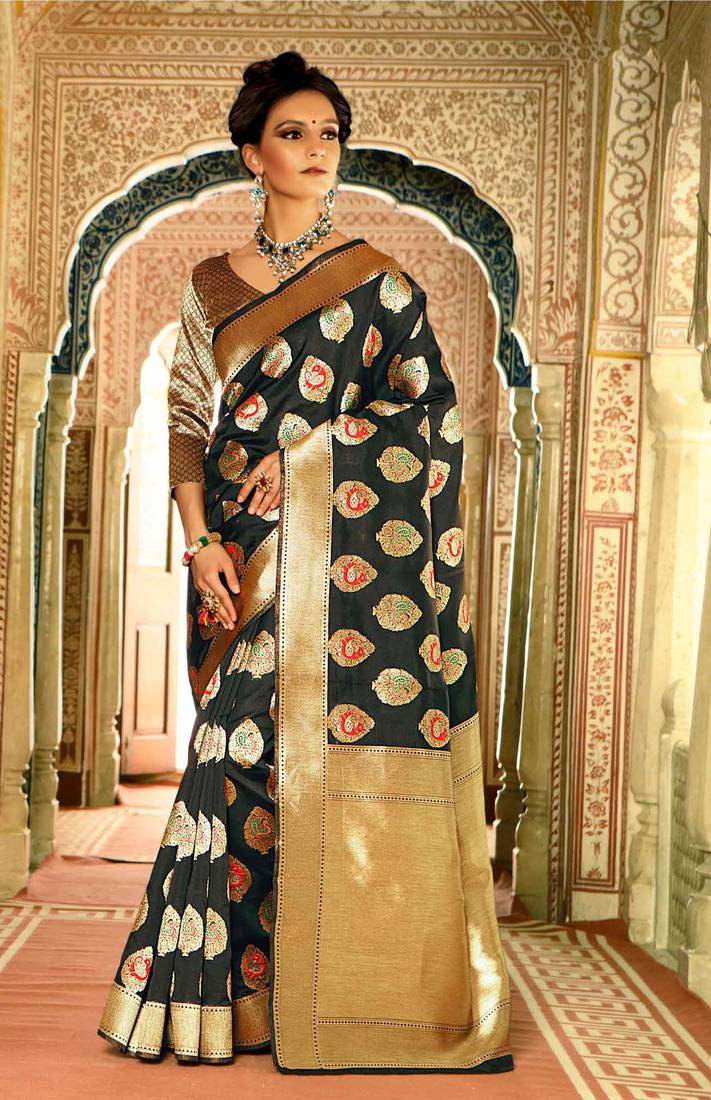 Black woven banarasi saree with blouse