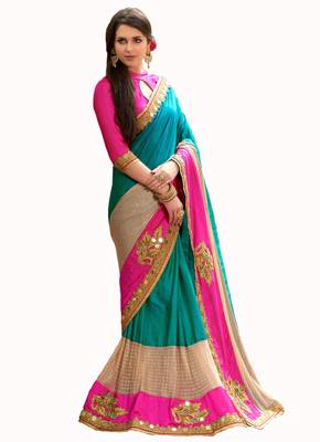 Aqua blue embroidered georgette saree with blouse 1