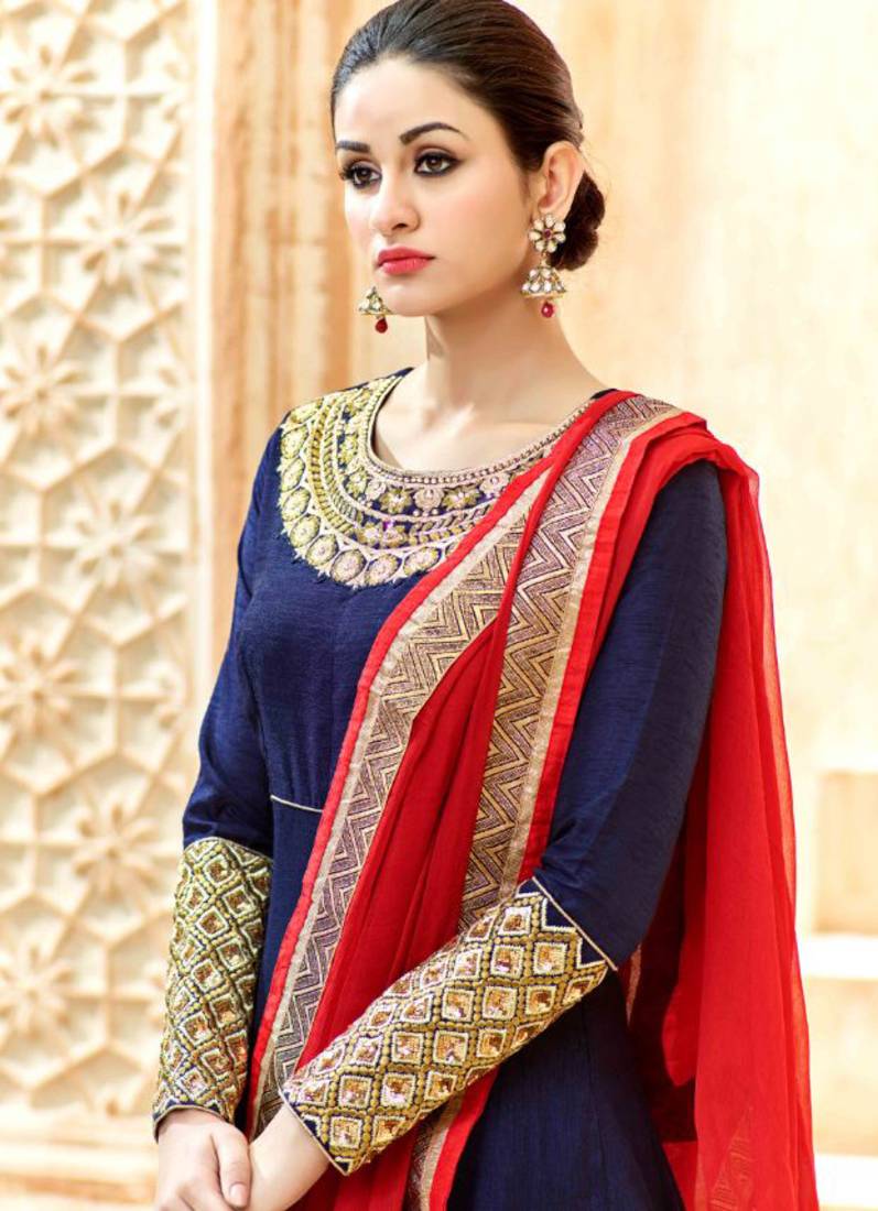 Teal embroidered silk salwar