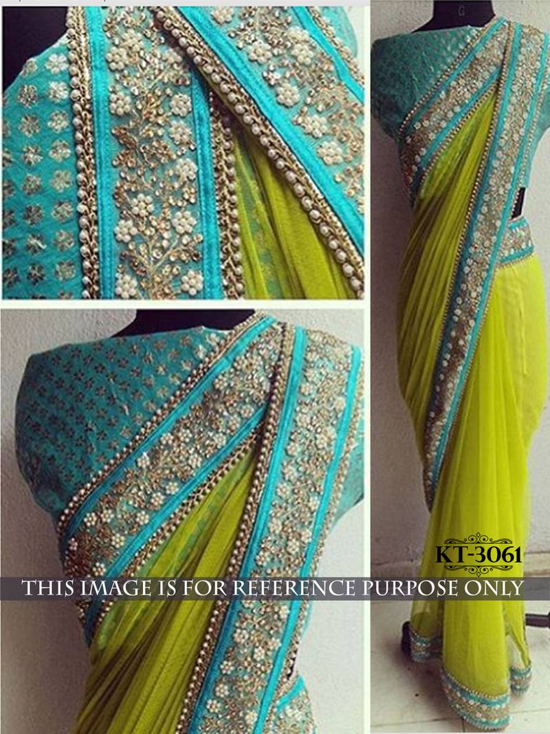Parrot green color embroidered georgette semi stitched party wear saree