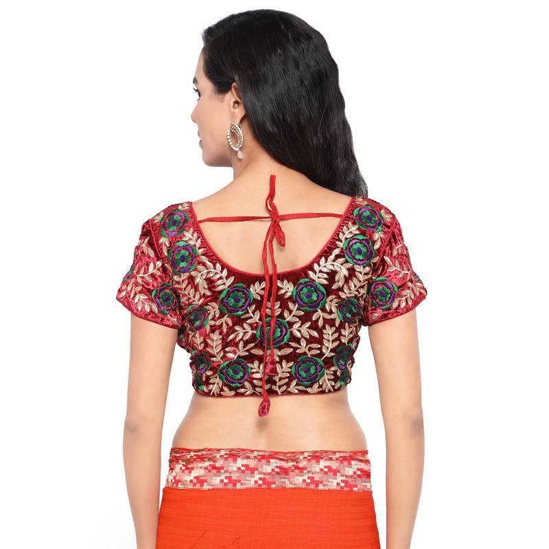 Red Embroidered Velvet Readymade Blouse Real Saree 2228889