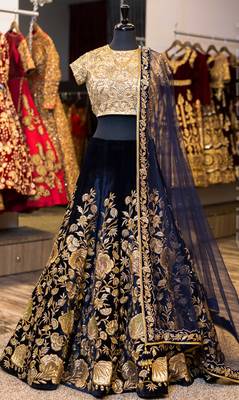 Blue embroidered velvet unstitched lehenga 1