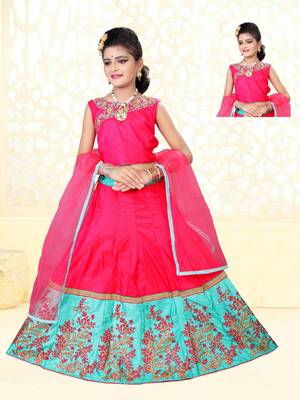 Red and Skyblue silk Semi-stiched Kid Lehenga choli With Dupatta 1