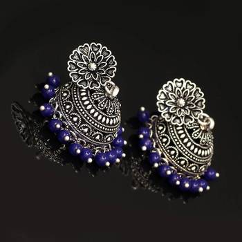 Oxidised Silver Plated Blue Color Traditional Brass Earrings Jewellery 4