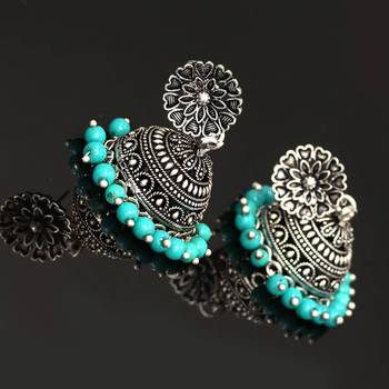 Oxidised Silver Plated Blue Color Brass Earrings Jewellery 4