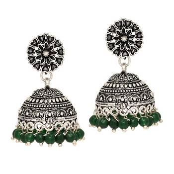 Oxidised Silver Plated Green Color Brass Earrings Jewellery 1