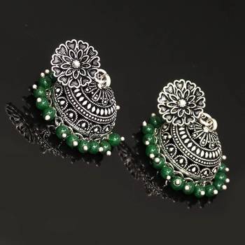 Oxidised Silver Plated Green Color Brass Earrings Jewellery 4