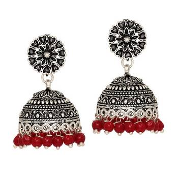 Oxidised Silver Plated Maroon Color Brass Earrings Jewellery 1
