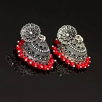 Oxidised Silver Plated Maroon Color Brass Earrings Jewellery 4