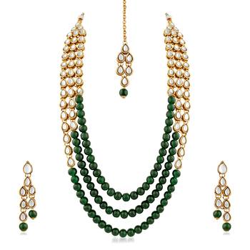 Gold Finish Kundan  And  Glass Pearl 3 Layer Necklace Set With Maang Tikaa 2