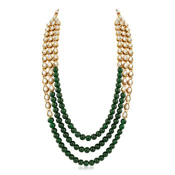 Gold Finish Kundan  And  Glass Pearl 3 Layer Necklace Set With Maang Tikaa 4